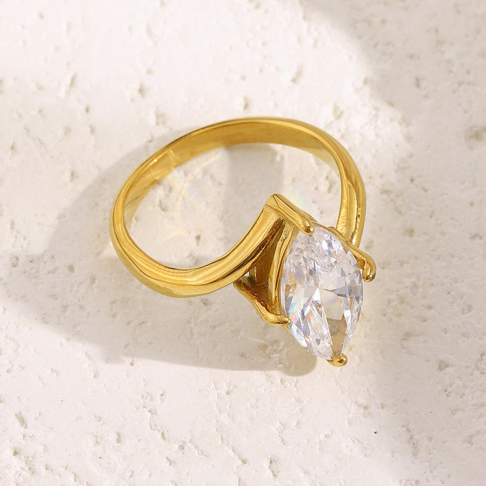 Minimalist Geometric Water-Drop-Shaped Stainless Steel Ring with 18K Gold Plating for Women