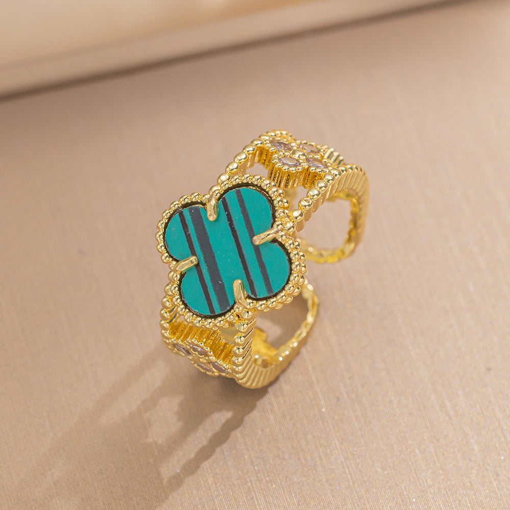 Luxury Minimalist Adjustable Open Ring for Women with Gold-Plated Copper Band and Zircon Stone Accent in Heart and Floral Shape