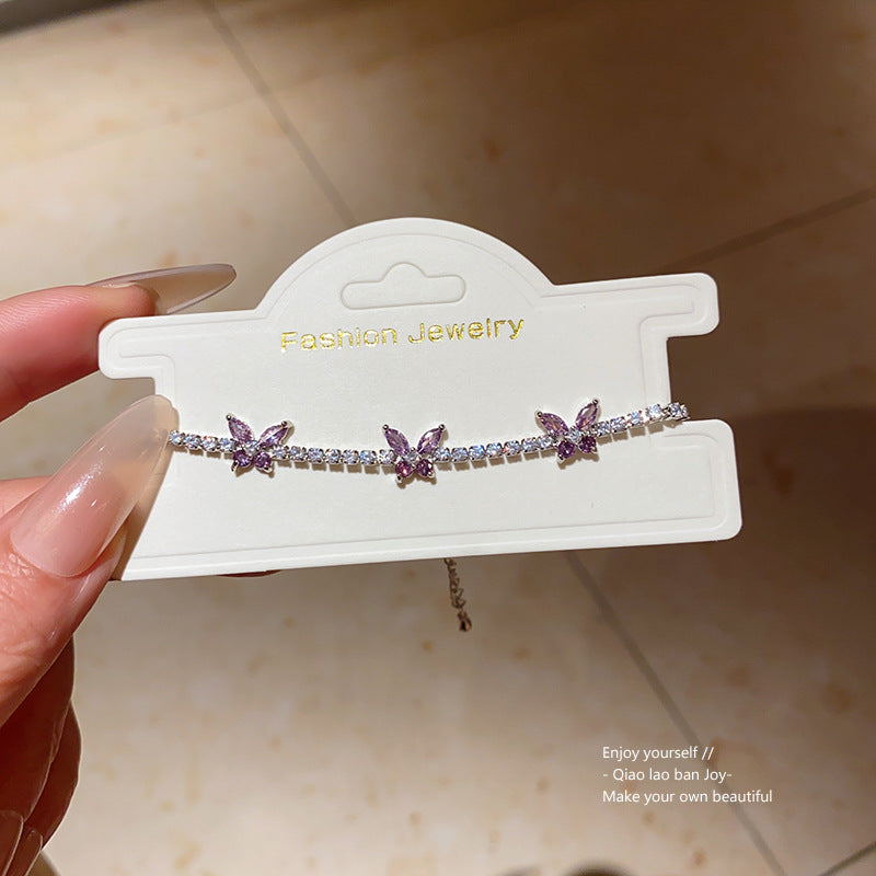 Minimalist Sweet Square Butterfly Brass Bracelet with Cubic Zirconia Inlay for Women