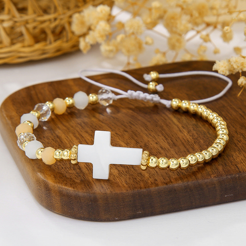 Bracciale regolabile stile bohémien con conchiglia e ciondoli a croce, perline di cristallo e vetro, design fatto a mano per donne