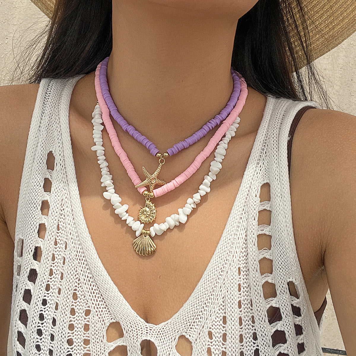 Bohemian Teardrop Alloy Plated Necklace with Turquoise and Shell Elements Multi-layer Ball Chain for Women
