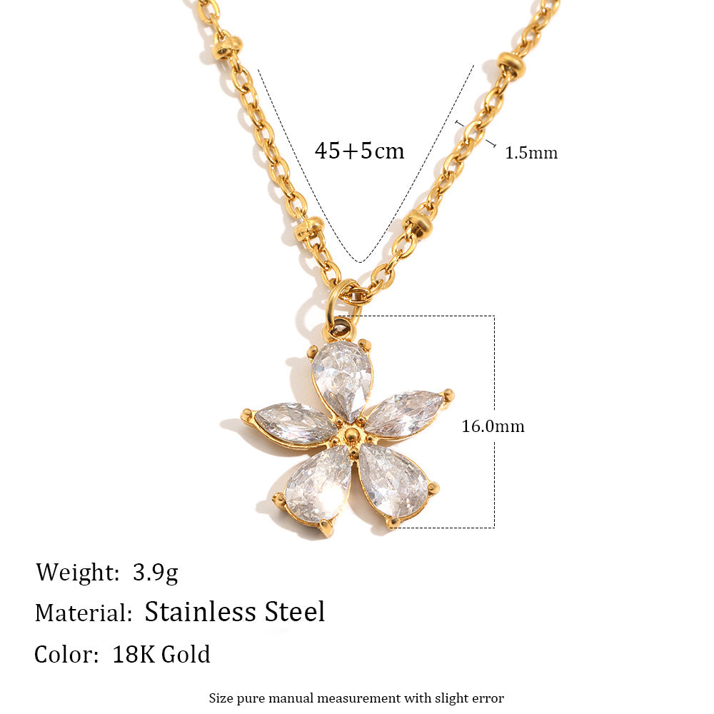 Elegant Luxury Floral Stainless Steel Plated Necklace with Cubic Zirconia Ball Chain for Women