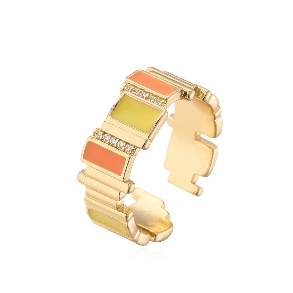 Geometric Open Ring for Women with Copper Base Plated in Real Gold Featuring Zircon Inlay and Enamel Finish