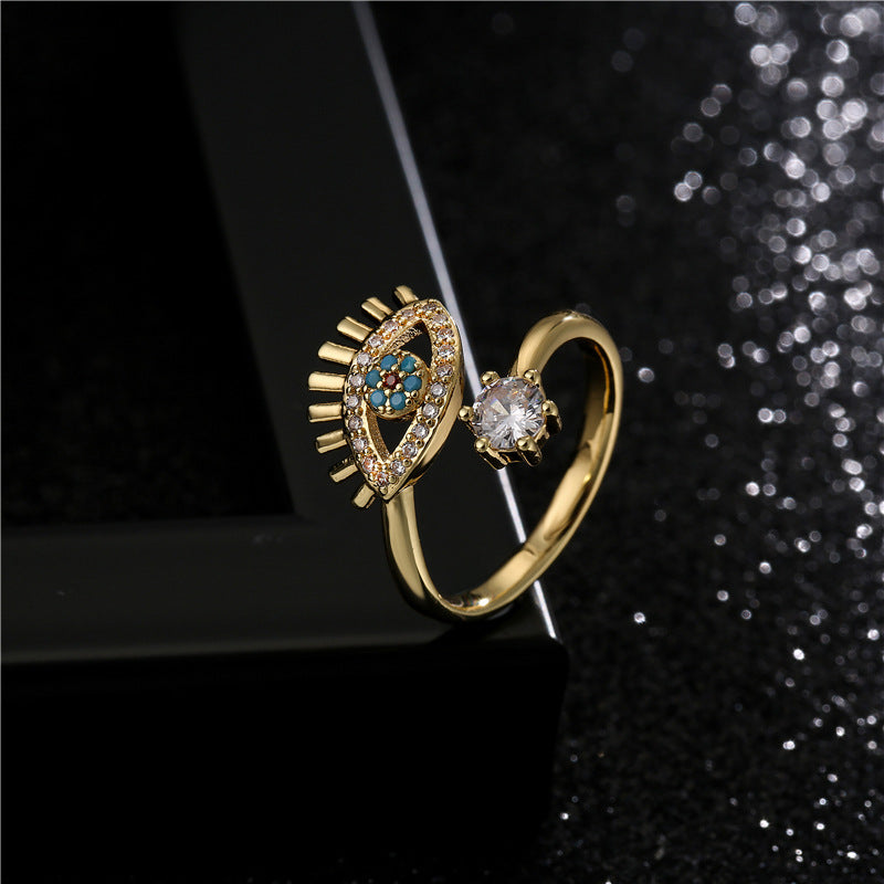 Geometric Micro-pavé Brass Ring for Women Adjustable Evil Eye Design