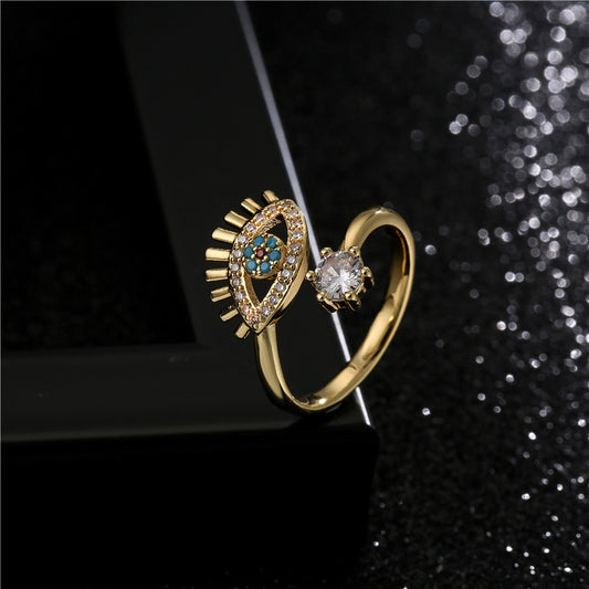 Geometric Micro-pavé Brass Ring for Women Adjustable Evil Eye Design
