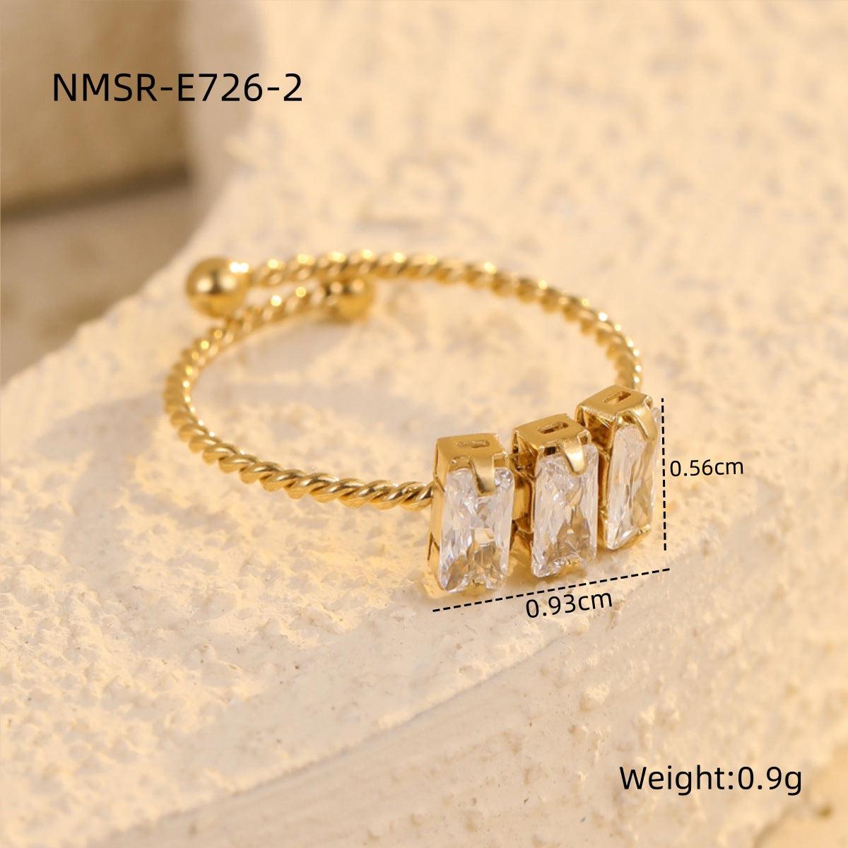 Anillo ajustable cuadrado minimalista de lujo de acero inoxidable con circonita para mujer con acabado chapado