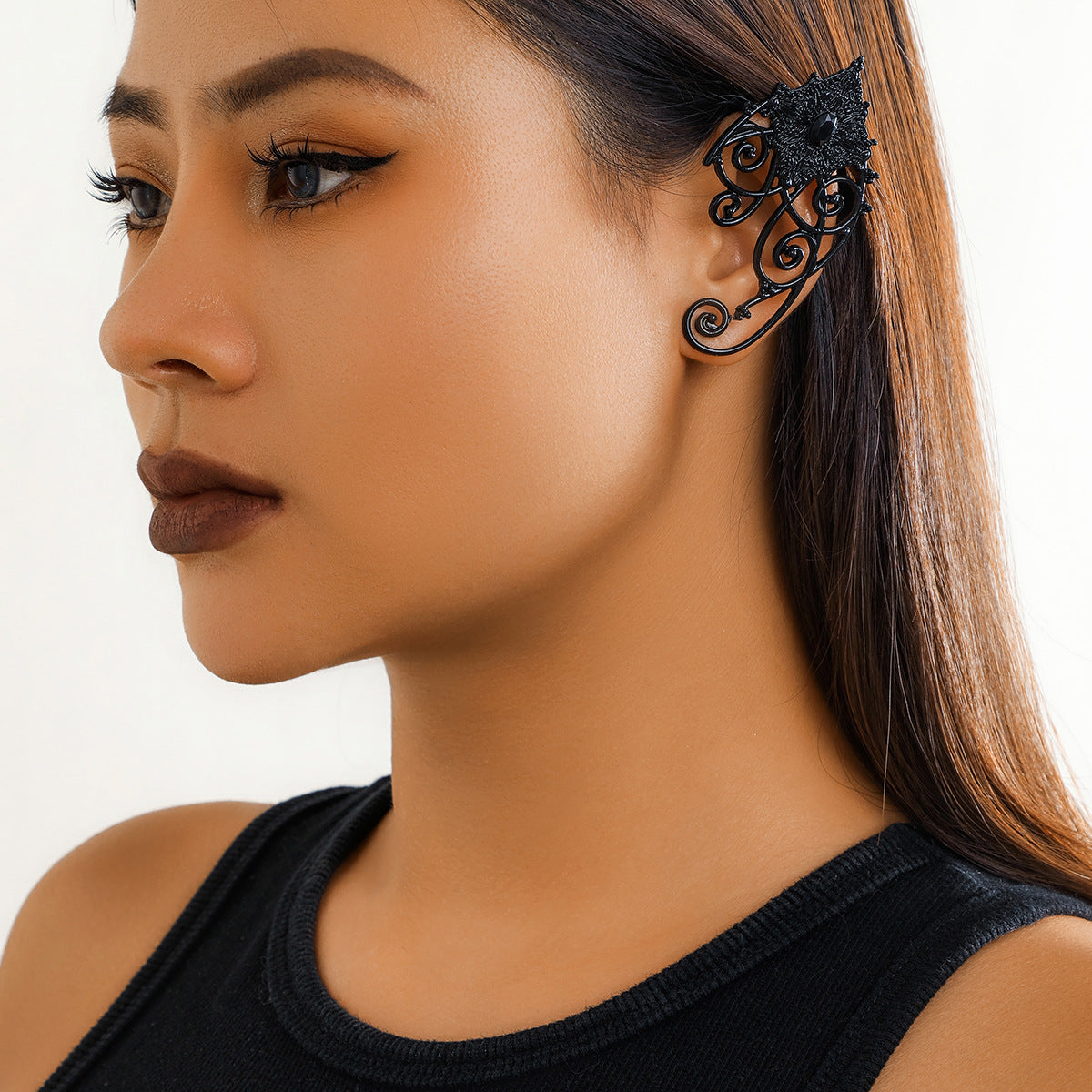 Vintage Gothic Floral Hollow Out Plated Zinc Alloy Ear Cuff Earrings for Women