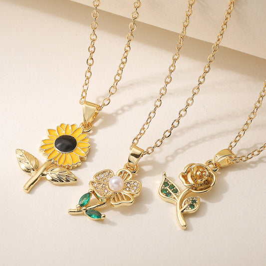 Minimalist Vintage Geometric Drip Oil Gold Plated Brass Sunflower Pendant Necklace for Women