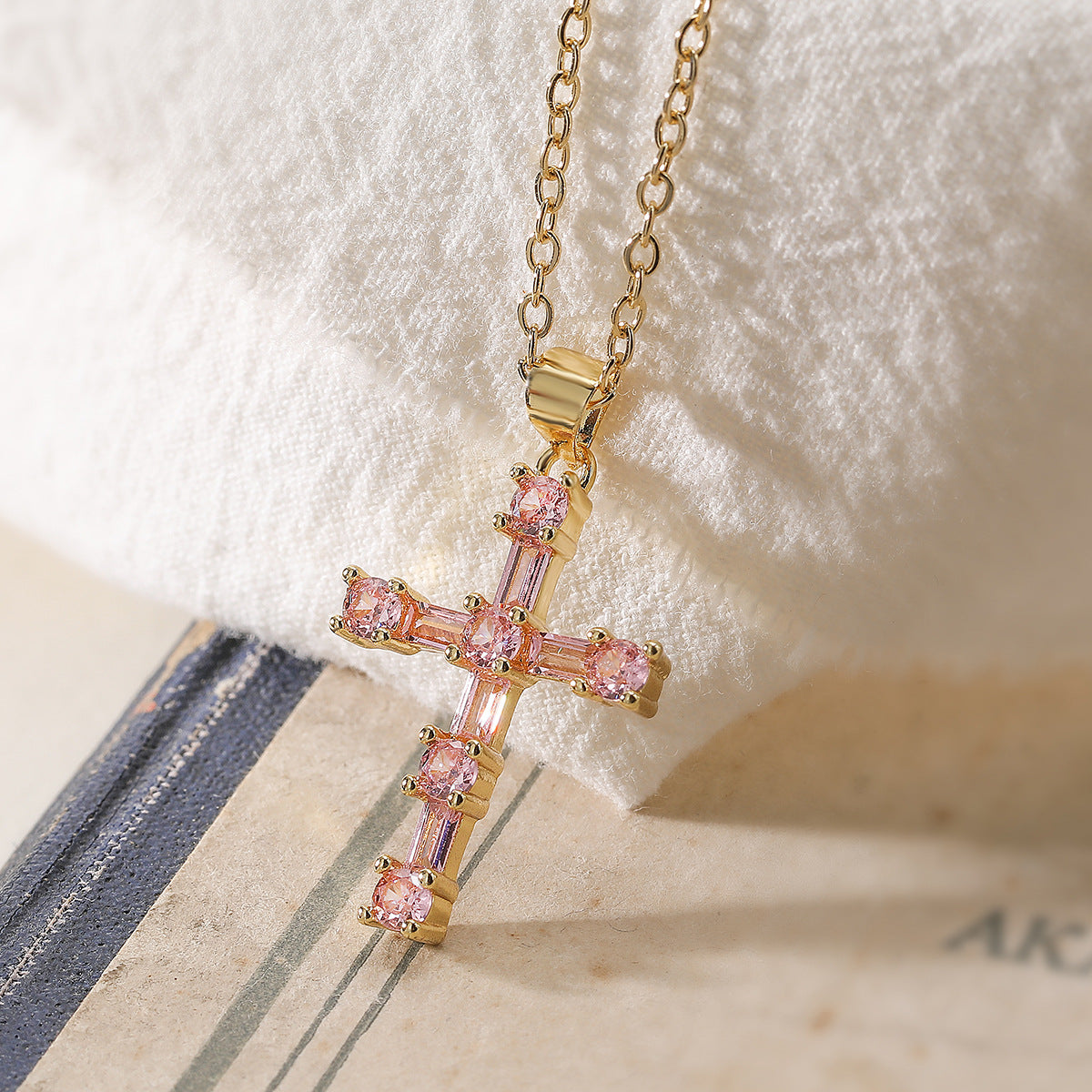 Minimalist Elegant 18K Gold Plated Brass Cubic Zirconia Cross Pendant Necklace for Women