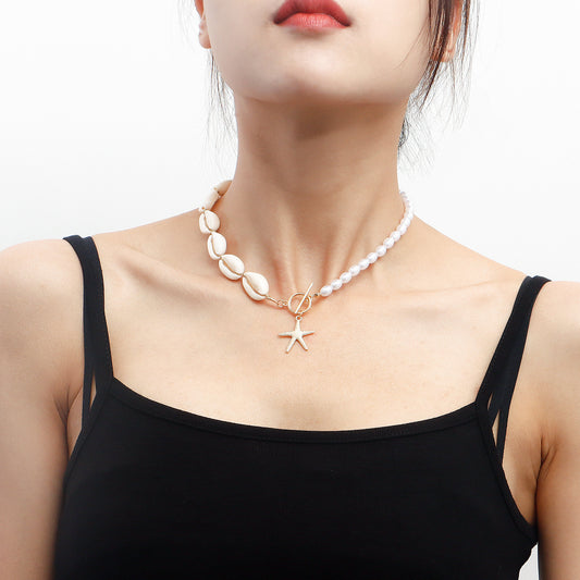 Collar con colgante de estrella de mar de aleación estilo playero tejido a mano para mujer con motivo de concha y acabado galvanizado