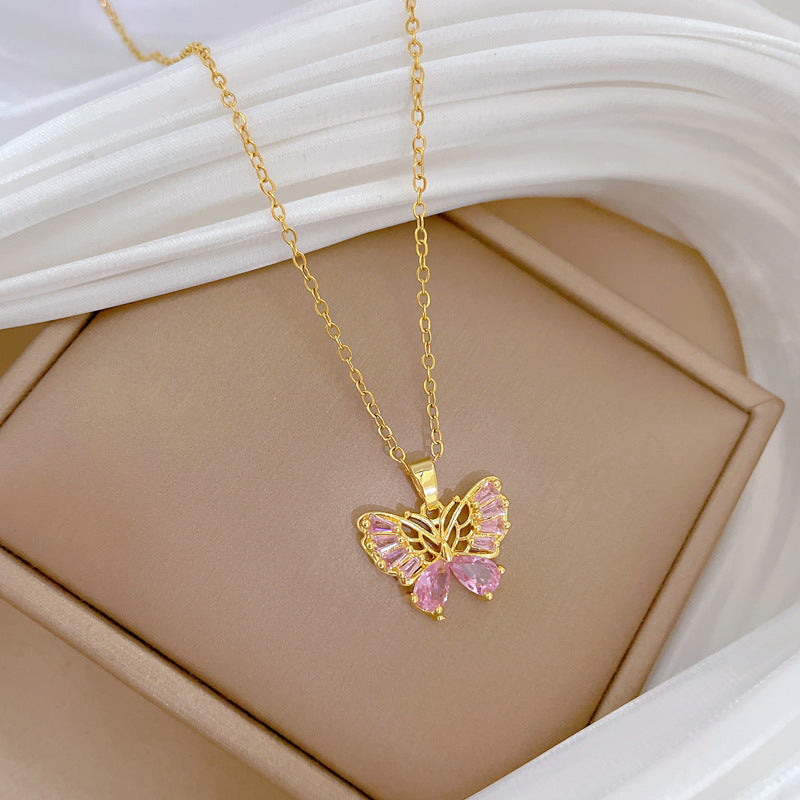 Sweet Minimalist Butterfly Rhinestone Titanium Steel Necklace for Unisex