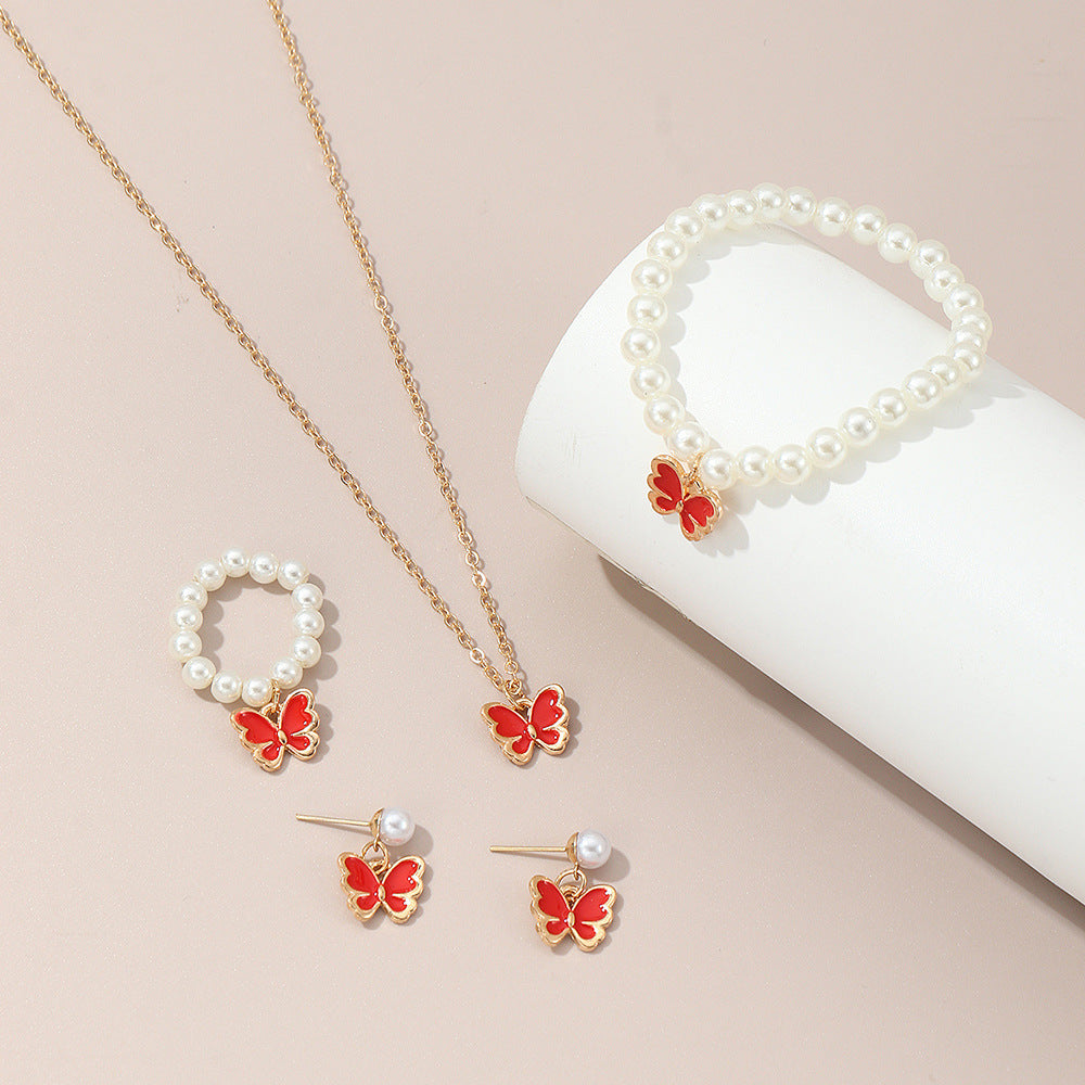 Set di collana in lega a forma di farfalla, con finitura smaltata, per bambine, Collezione Principessa, con catena a croce regolabile