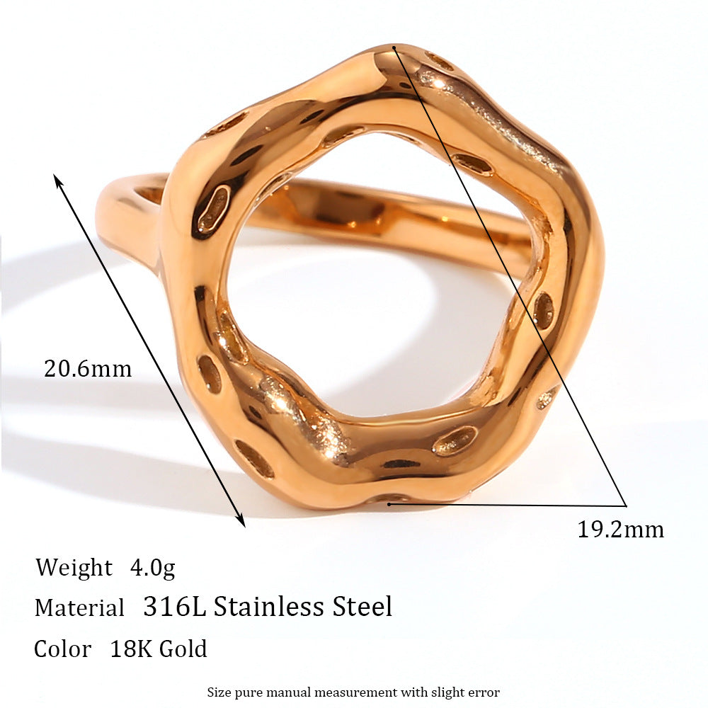 Minimalist Geometric Stainless Steel Ring with 18K Gold Plating and Hollow Design for Women