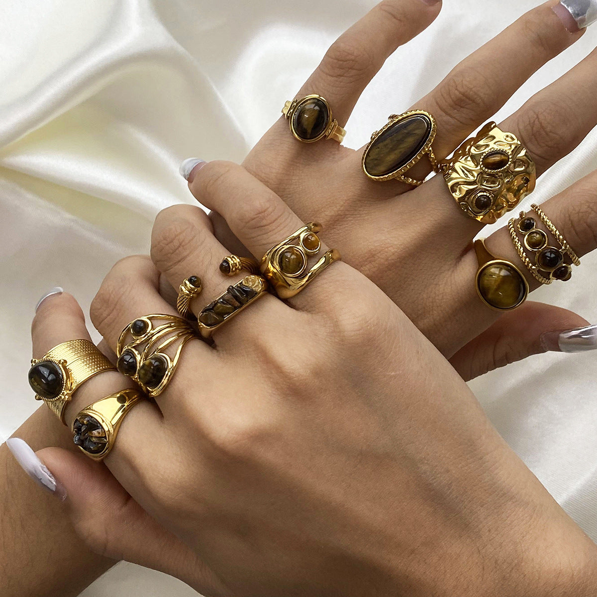 Anillo de ojo de tigre geométrico para mujer en acero inoxidable con acabado chapado, accesorio de moda minimalista
