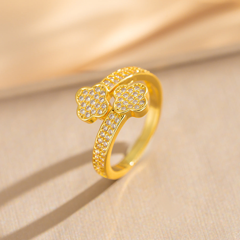 Luxury Minimalist Adjustable Open Ring for Women with Gold-Plated Copper Band and Zircon Stone Accent in Heart and Floral Shape