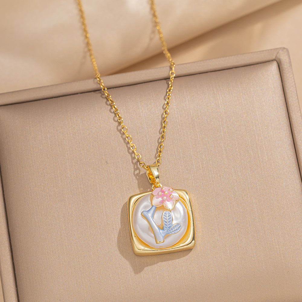 Vintage French Style Enamel Floral Pendant Necklace in Titanium Steel with Baroque Freshwater Pearl and Hand-Painted Colorful Flower Design