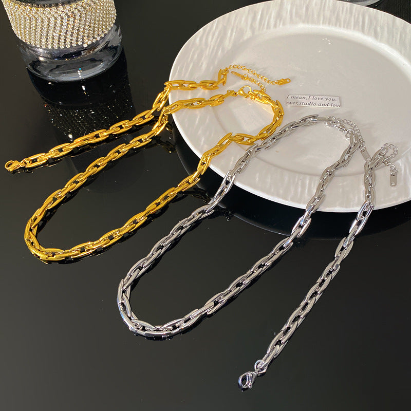 18K Gold Plated Titanium Steel Geometric Chain Necklace and Bracelet Set for Unisex