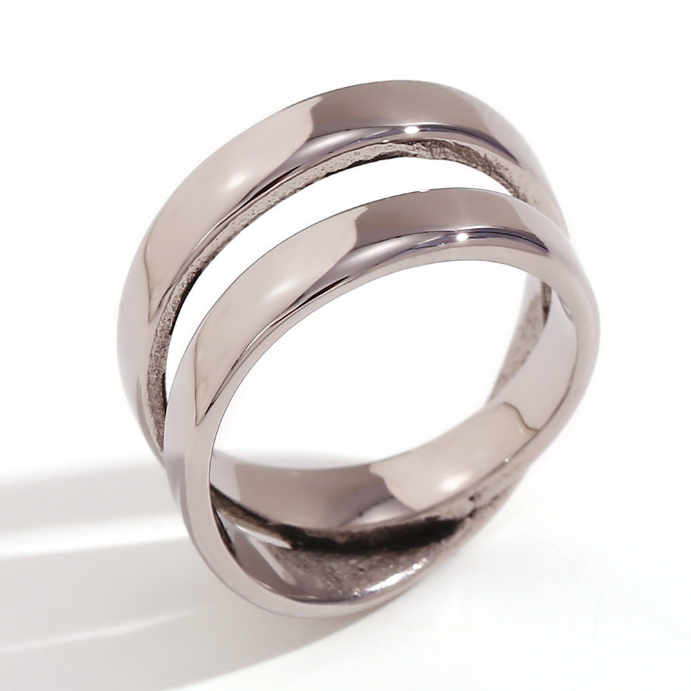 Minimalist Geometric Stainless Steel Plated 18K Gold Double Layer Cross Ring for Women