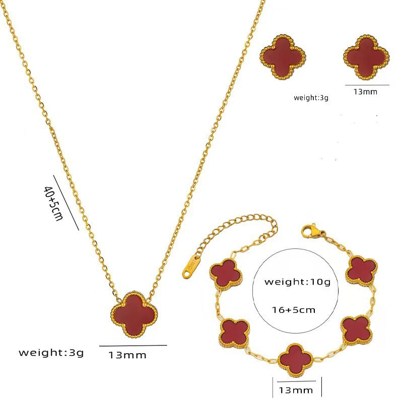 Set di collana, bracciale e orecchini a lobo da donna in acciaio al titanio minimalista con quadrifoglio fortunato