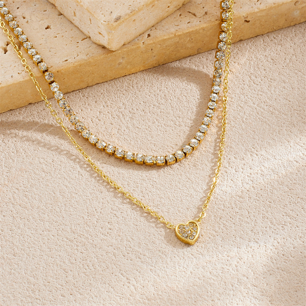 Minimalist Elegant Round Heart Rhinestone Inlay Stainless Steel Double Layer Necklace for Women