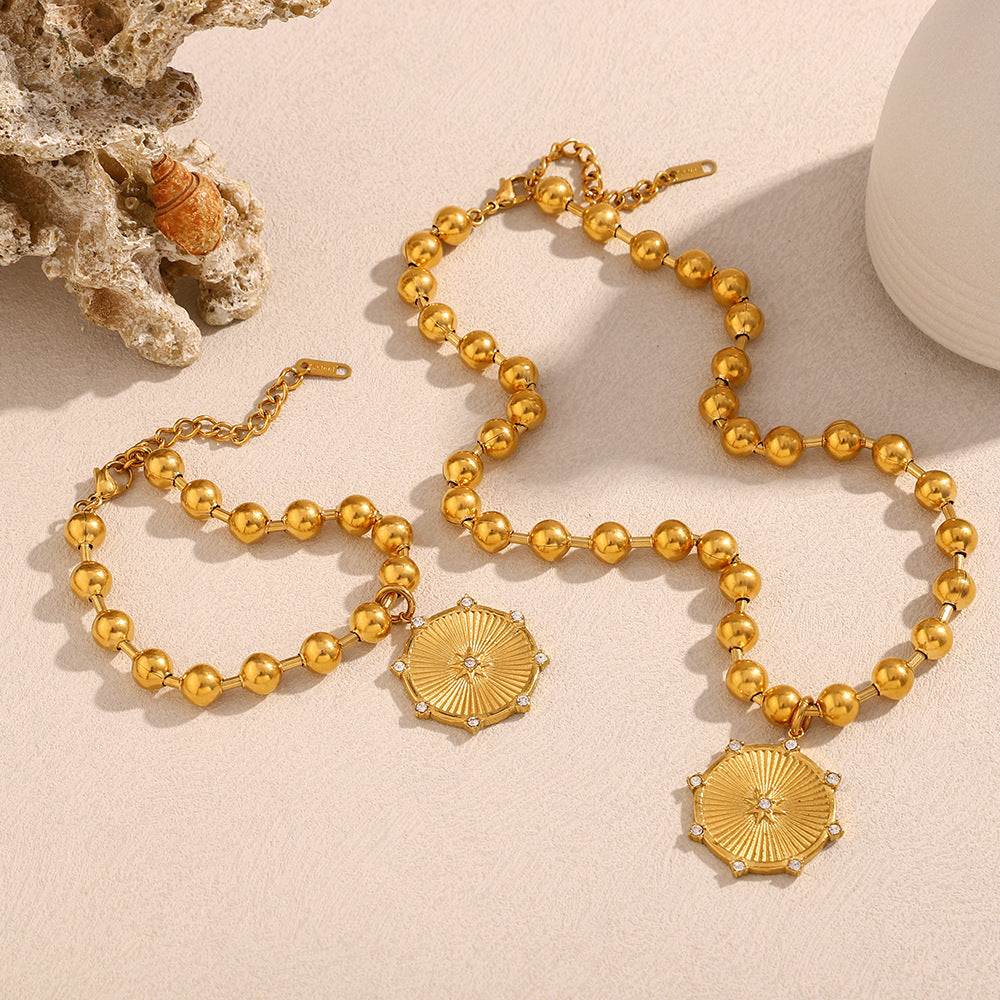 Fashion Minimalist Eight-Pointed Star Pendant Necklace and Bracelet Set in Stainless Steel with 18K Gold Plating