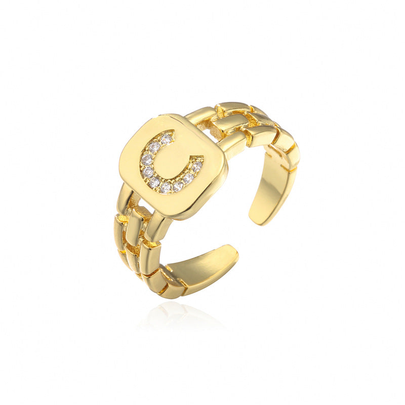 Minimalist Letter Shape Copper Ring with Micro-Pavé Setting Adjustable Geometric Band