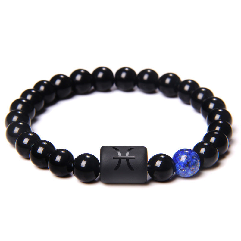 Unisex Adjustable 8mm White Crystal Tiger Eye Obsidian Zodiac Beaded Bracelet