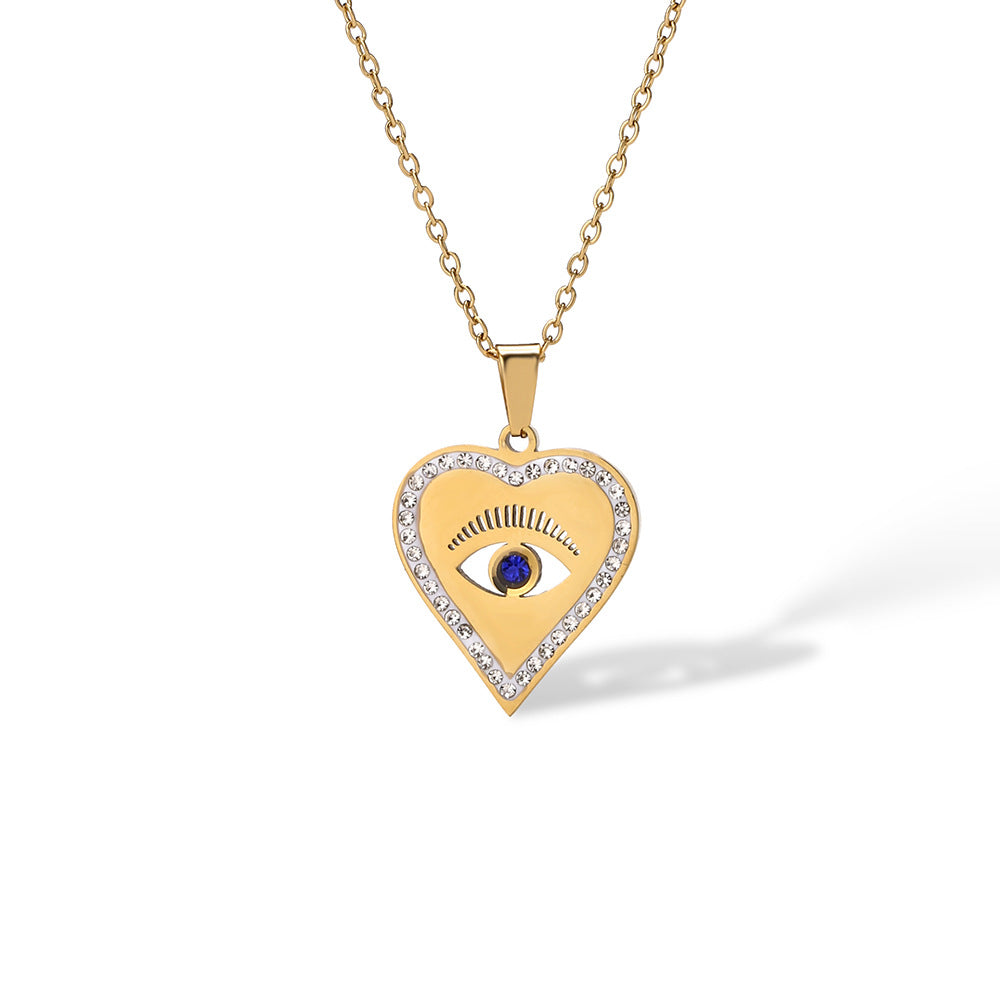 Minimalist Evil Eye Pendant Necklace for Women in Titanium Steel with Geometric Design and Heart Charm