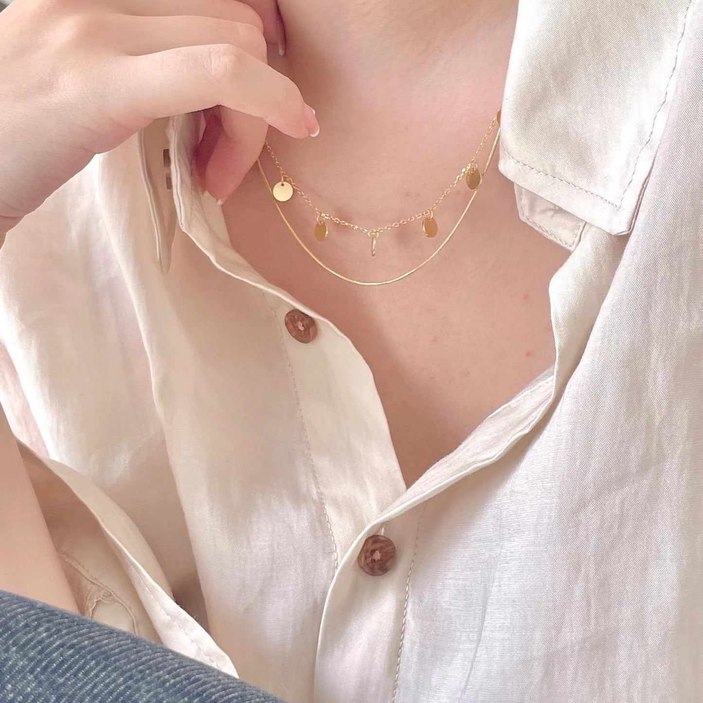 Minimalist Double Layer Snake Chain Necklace in 925 Sterling Silver with Gold Plating and Chic Sequin Detail