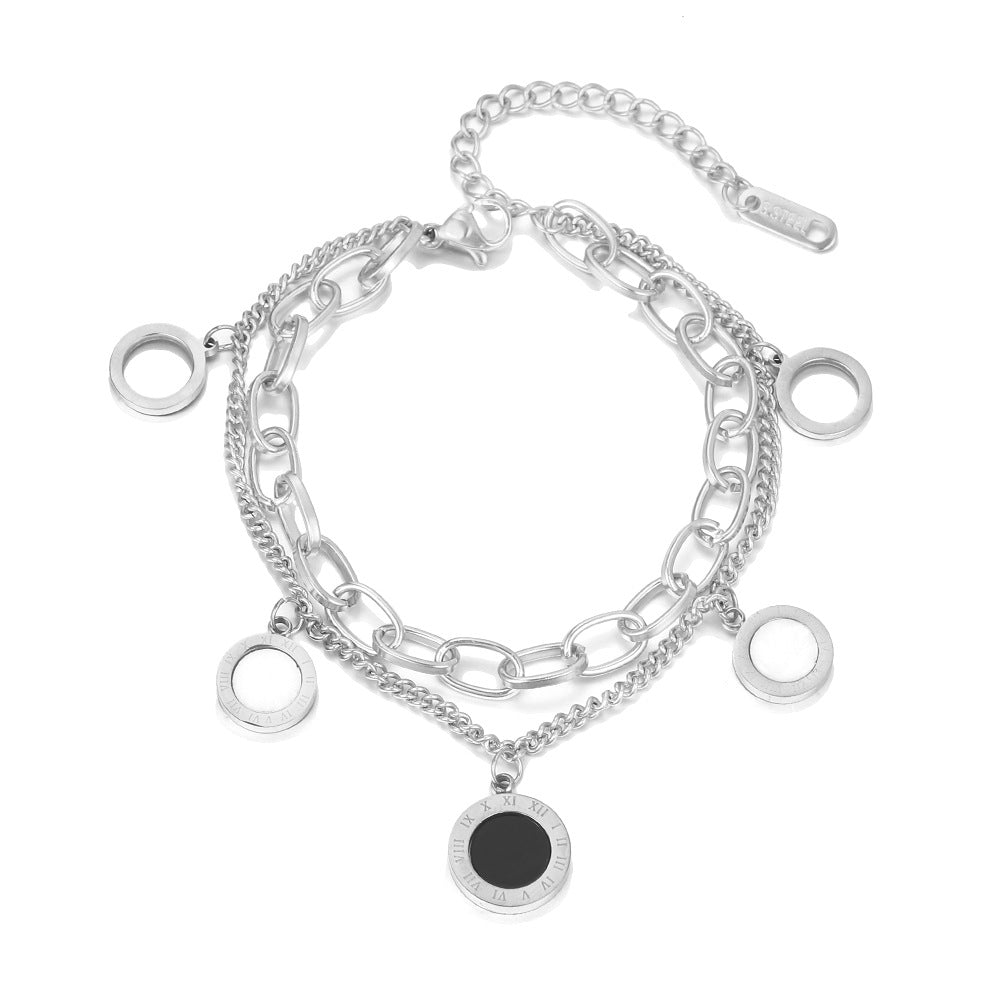 Personalized Geometric Black and White Shell Roman Numeral Double Layer Titanium Steel Bracelet for Women and Men