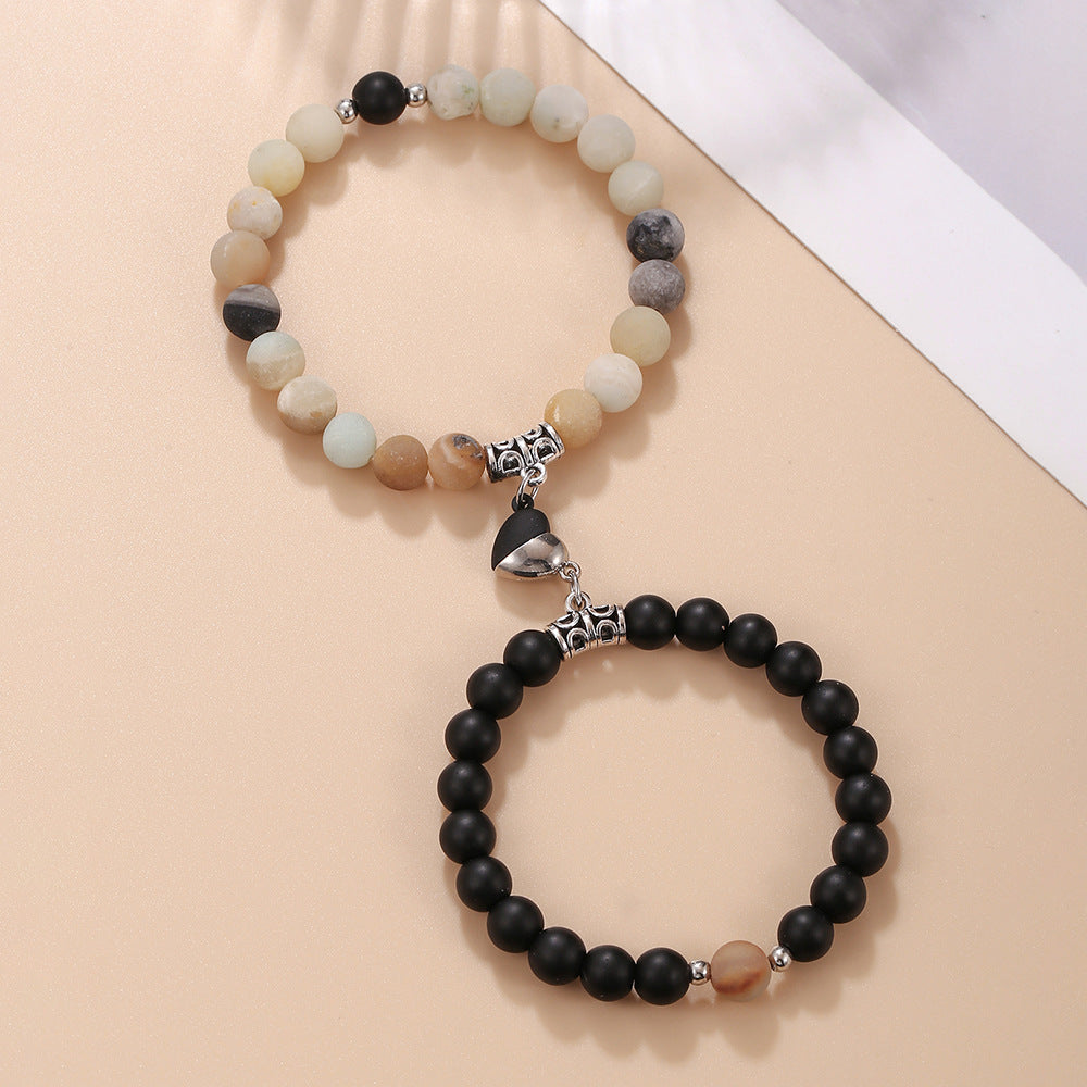 Geometric Round Heart Alloy Stone Magnetic Couple Bracelet