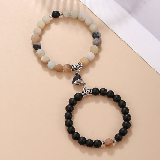 Geometric Round Heart Alloy Stone Magnetic Couple Bracelet