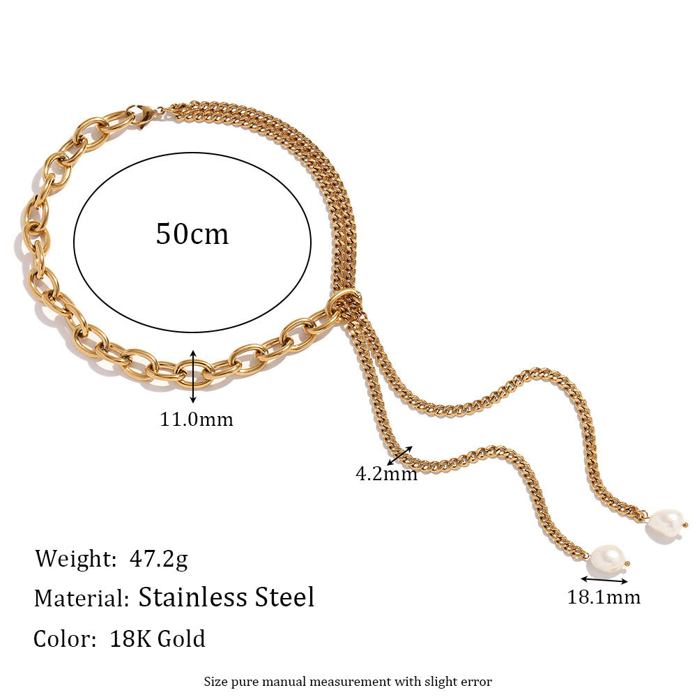 Collana a Y con doppia catena cubana in acciaio inossidabile placcato oro 18 carati con pendente in perla d'acqua dolce e design geometrico minimalista