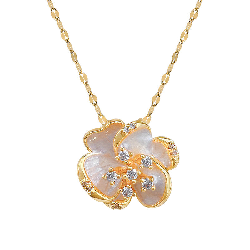 Sweet Elegant Rotating Drip Oil Floral Moon Rhinestone Pendant Titanium Steel Necklace Set for Unisex