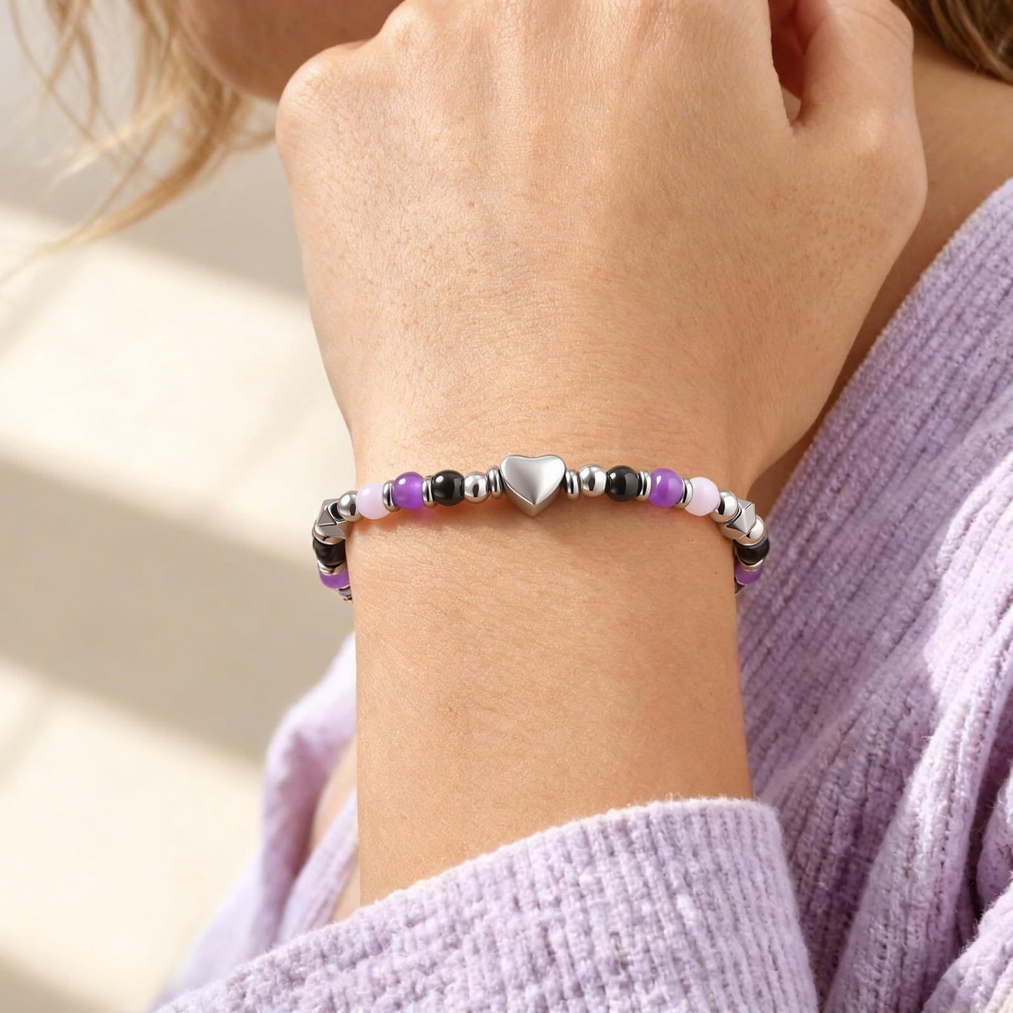 Luxury Heart Geometric Obsidian Amethyst Rose Quartz Bracelet for Women