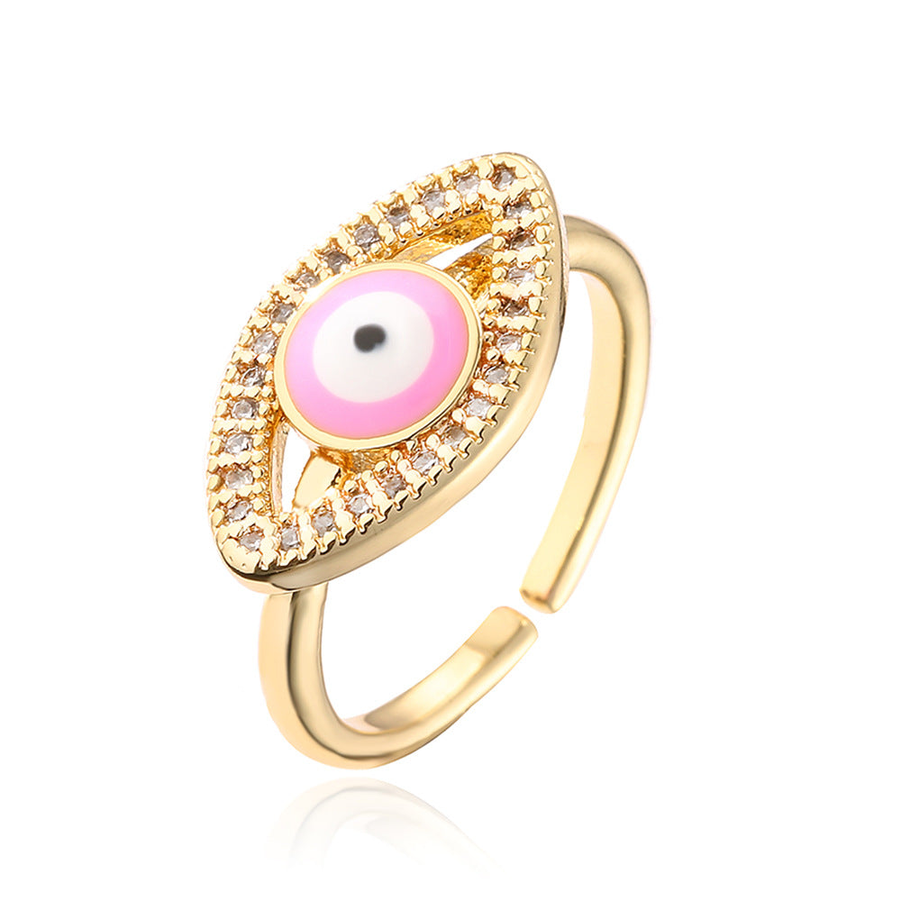 Fashion Geometric Open Ring for Women with Enamel Finish and Zircon Inlay in Copper Plated with Real Gold