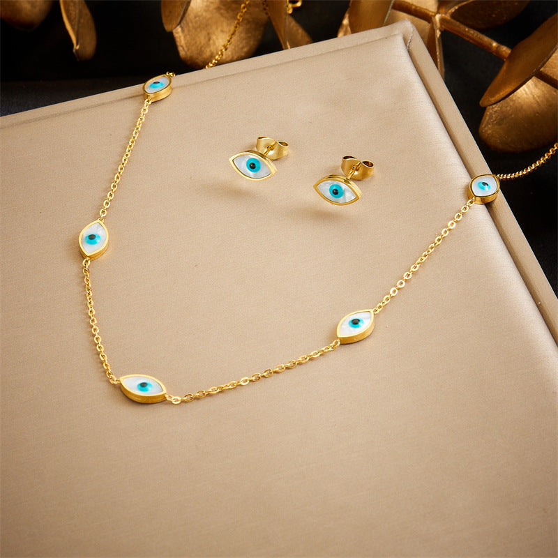 Vintage Blue Eye Box Chain Bracelet Earrings Necklace Set Stainless Steel Plated Women's Jewelry