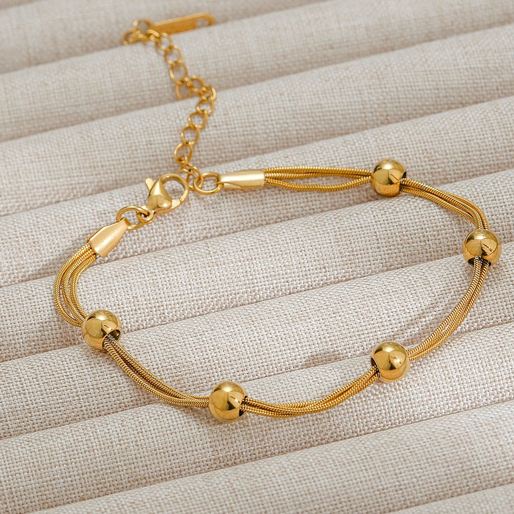 Minimalist Stainless Steel Layered Bracelet Set with 18K Gold Plated Small Beads and Gold Chain for Women