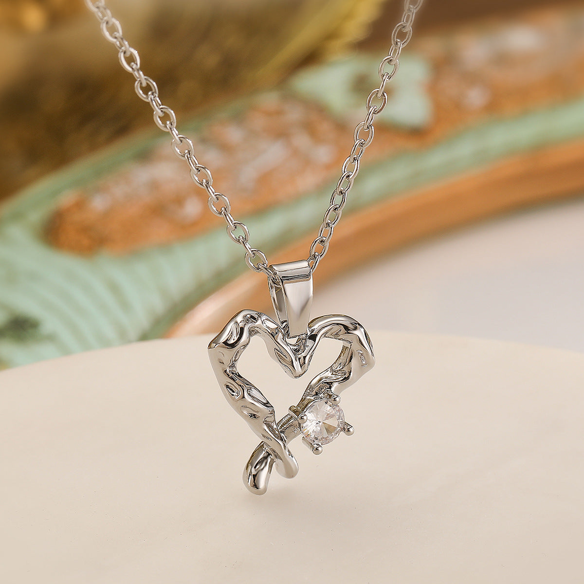 Minimalist Hollow Heart Pendant Necklace in Copper with 18K Gold Plating and Zircon Inlay
