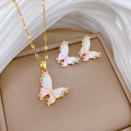 Sweet Drip Oil Pink Butterfly Moon Rhinestone Titanium Steel Necklace Set for Women and Men
