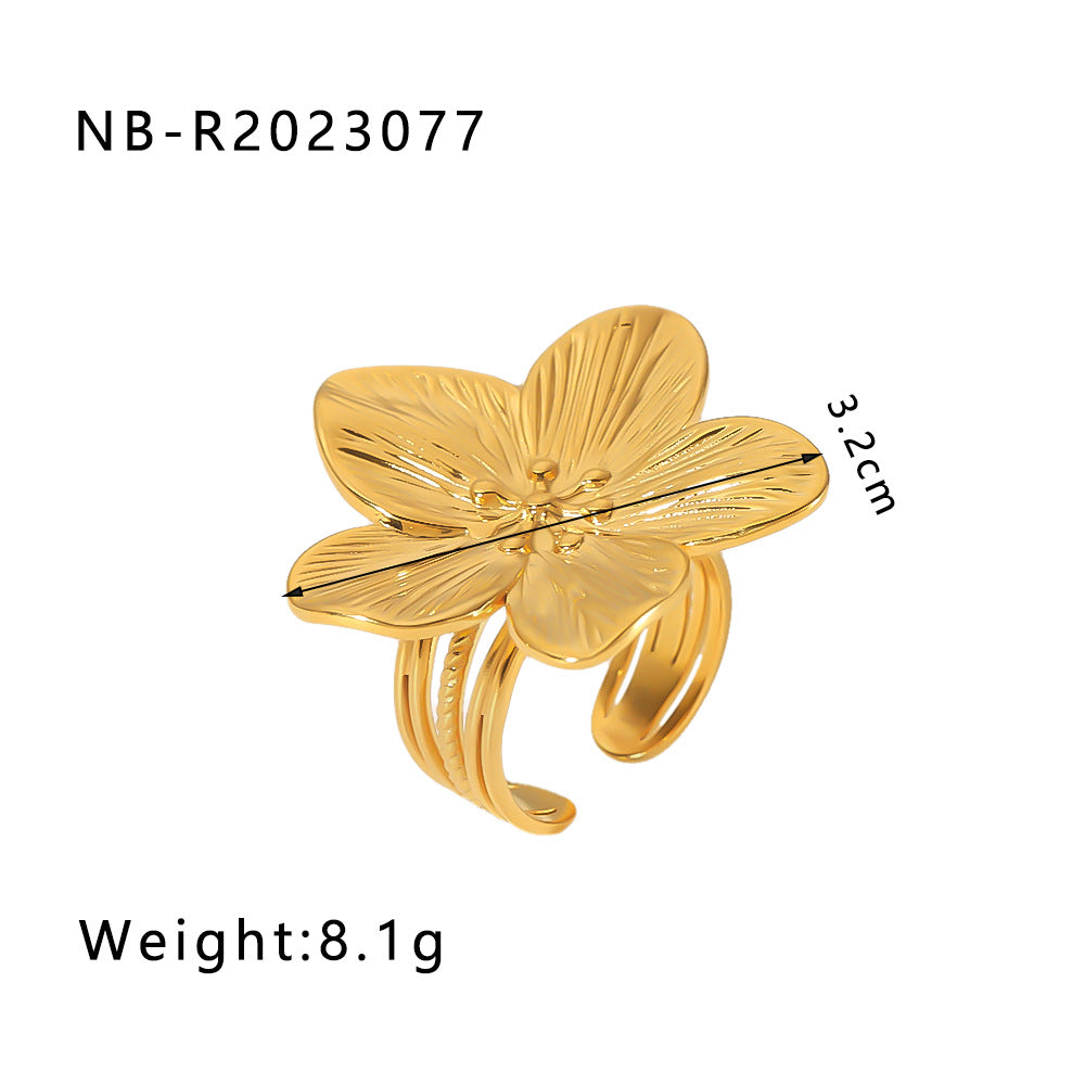 Floral Butterfly Shaped Stainless Steel Ring with 18K Gold Plating and Turquoise Inlay for Women