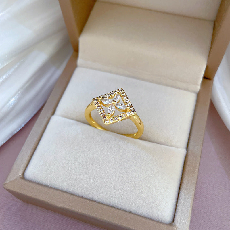 Kawaii Style Floral Square Ring in Brass with Gold Plating for Women Adjustable Open Band