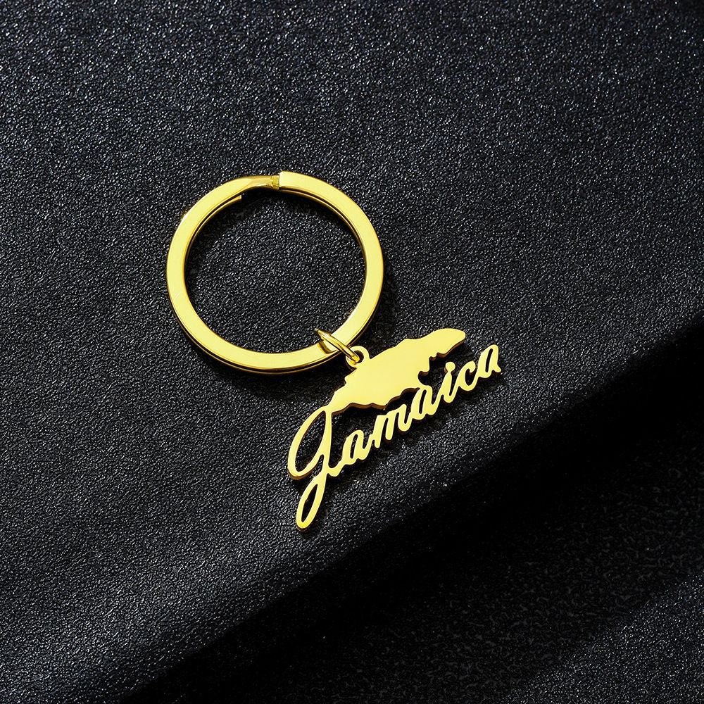 Llavero con colgante de mapa de Jamaica y ciudad estilo étnico en acero de titanio para hombres y mujeres