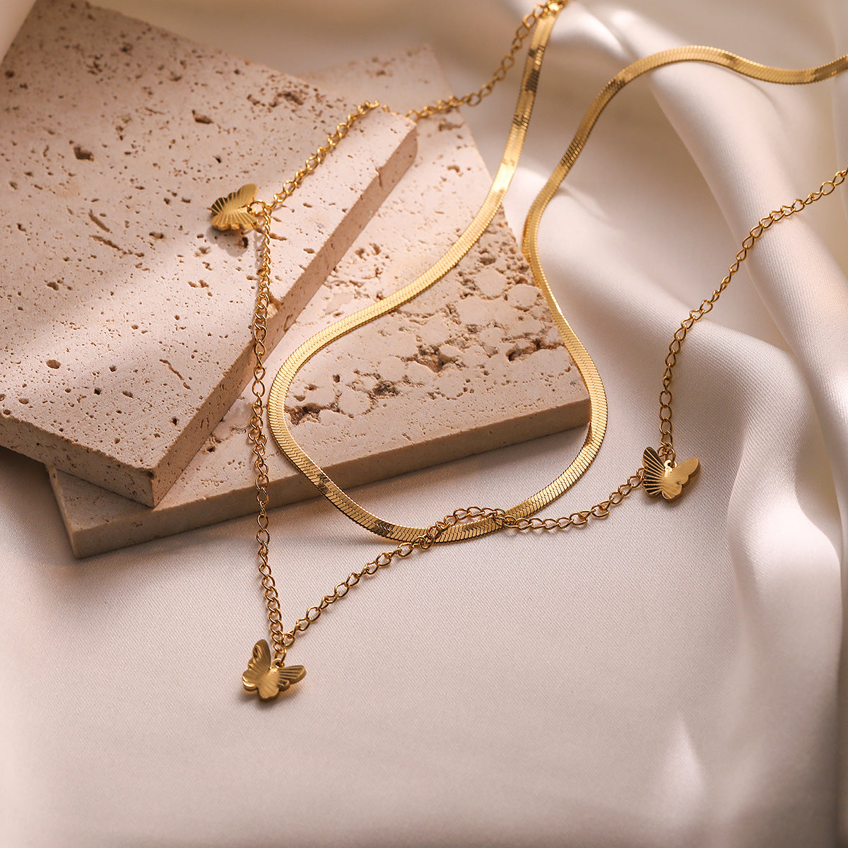 Minimalist Butterfly Pendant Necklace for Women in Titanium Steel with 18K Gold Plating Locket Chain