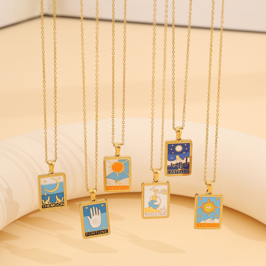 Minimalist Geometric Tarot Pendant Necklace in Stainless Steel with Enamel Finish