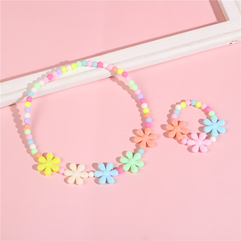 Set di collana e bracciale per bambini con perline, ciondoli a fiocco e fiore, fatti a mano in resina, per bambini da 0 a 10 anni