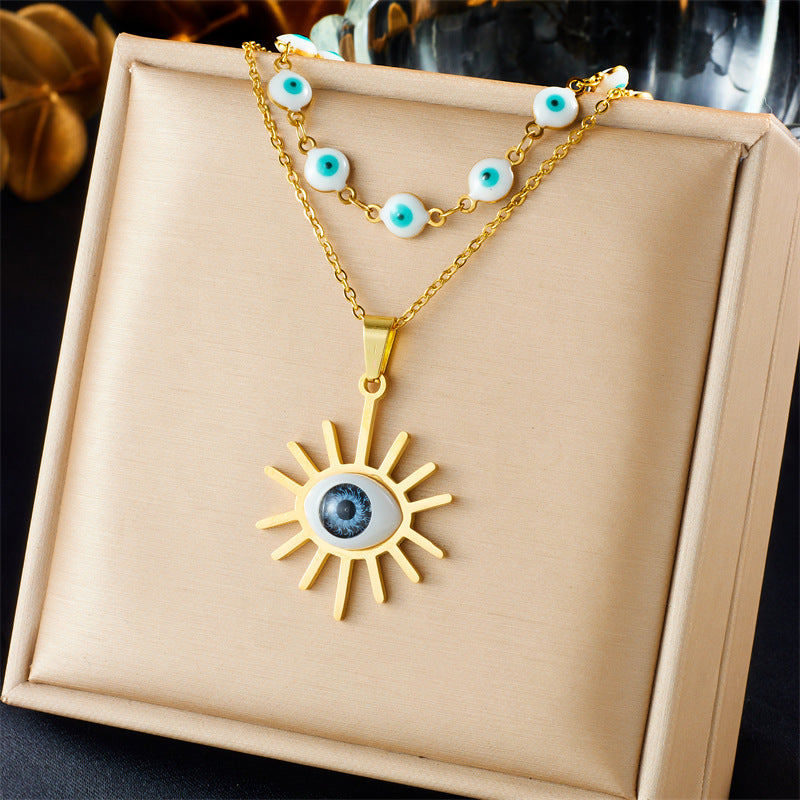 Vintage Bohemian Stainless Steel Heart Star Butterfly Square Pendant Necklace with Rhinestone and Turquoise Inlay