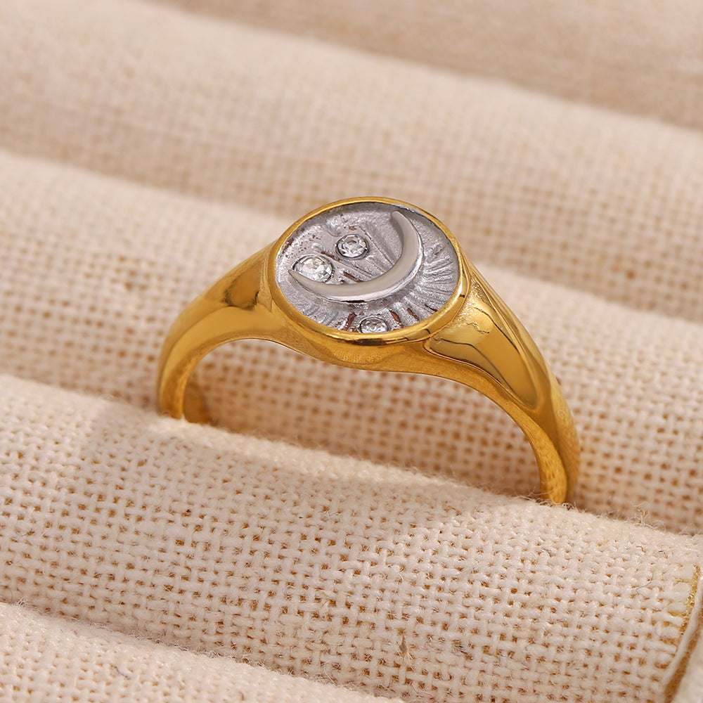 Minimalist Moon-Shaped Geometric Stainless Steel Ring with 18K Gold Plating for Women