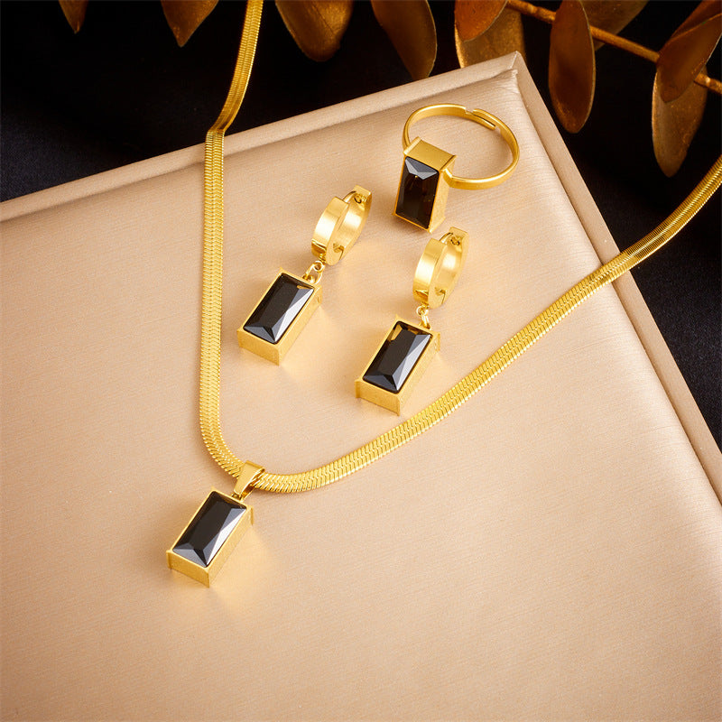 Set Anello Orecchini Collana Pendente Quadrato in Acciaio Inox Business Casual Minimalista Vintage