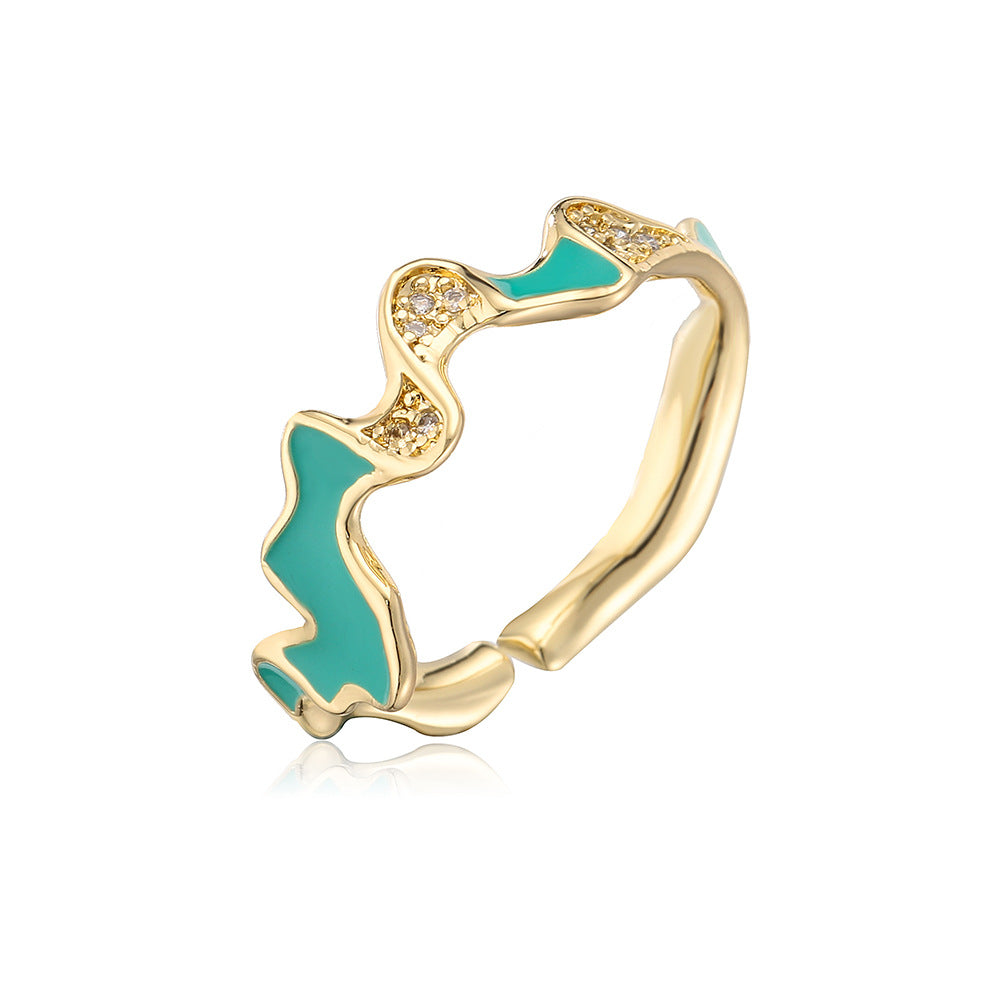 INS Style Irregular Geometric Open Ring for Women Made of Copper with 18K Gold Plating and Enamel-Set Zirconia